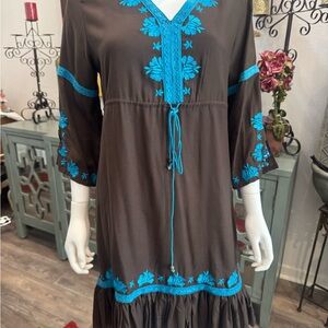 Brown Dress with Blue Embroidery